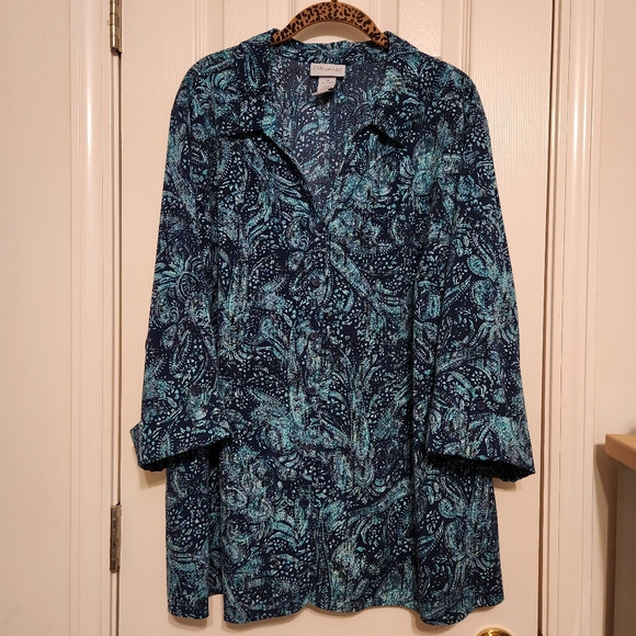 Catherines 2X Polyester/Spandex Buttondown Top EUC Green Navy Paisley Floral - Picture 1 of 7